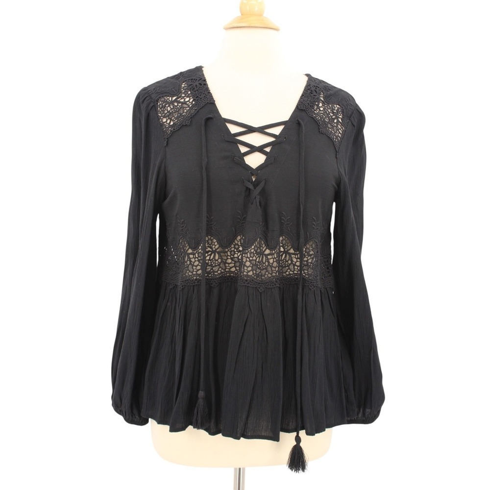 American Eagle Peasant Blouse Medium Black Embroidered Bohemian Peplum Gauze